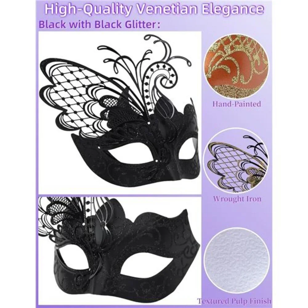 Women's Mask Butterfly Metal Venetian Mask, Black